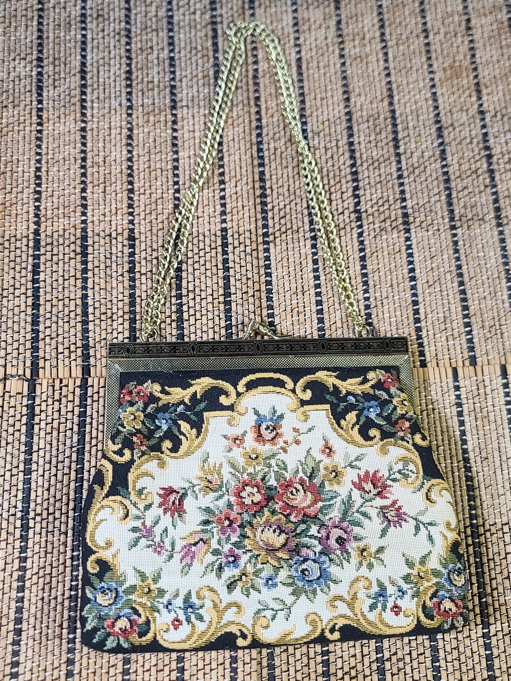Source Unknown Floral Tapestry Clutch in Black, Cream, Gold